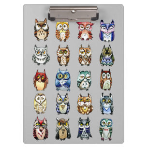 Rainbow watercolor owls and cat clipboard