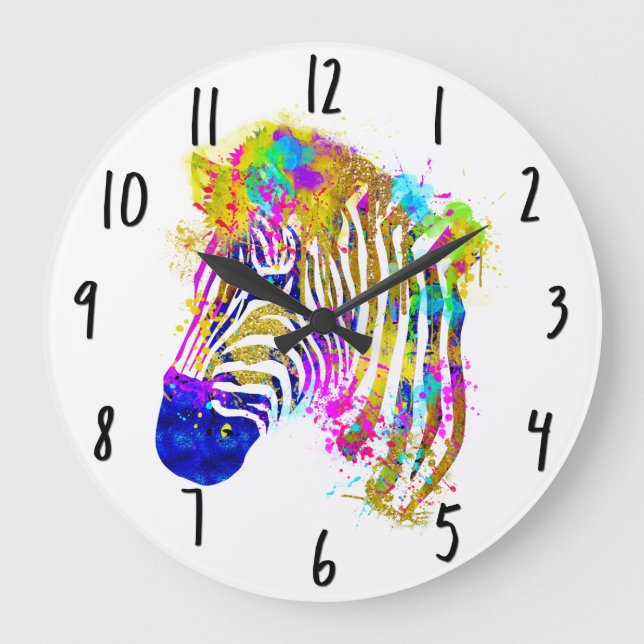Rainbow Watercolor Paint Splatter Zebra Graphic Large Clock (Front)