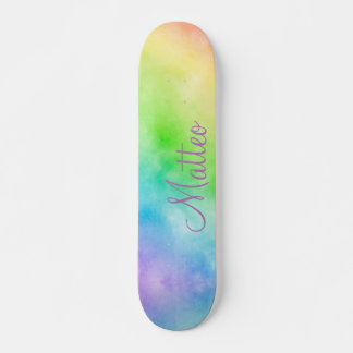 Rainbow watercolor painting with personalised  tot skateboard