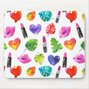Rainbow watercolor palm leaves pin kiss lipsticks mouse pad