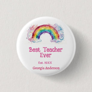 rainbow watercolor pastel best teacher ever est 3 cm round badge
