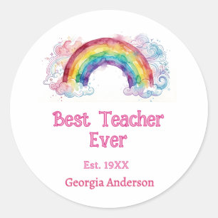 rainbow watercolor pastel best teacher ever est classic round sticker
