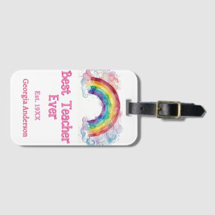 rainbow watercolor pastel best teacher ever est luggage tag