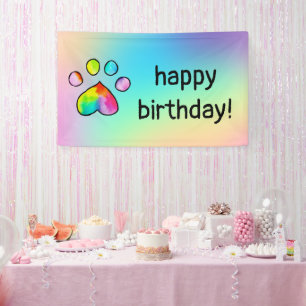 Rainbow Watercolor Paw Print Birthday Party Banner