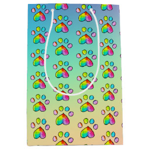 Rainbow Watercolor Paw Print Birthday Party Medium Gift Bag
