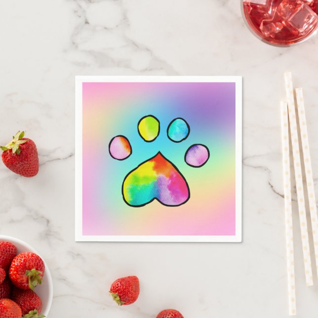 Rainbow Watercolor Paw Print Birthday Party Napkin (Insitu)