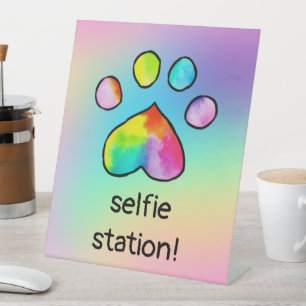 Rainbow Watercolor Paw Print Birthday Party Pedestal Sign