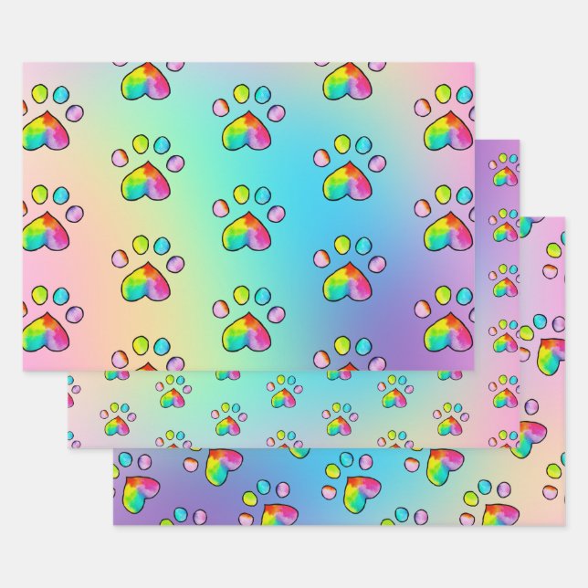 Rainbow Watercolor Paw Print Birthday Party Wrapping Paper Sheet (Set)
