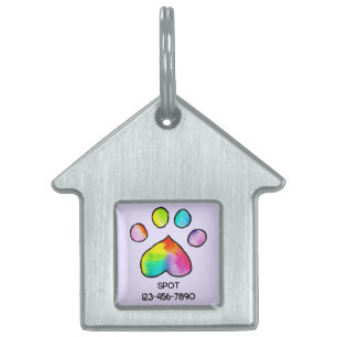 Rainbow Watercolor Paw Print Pet ID Tag
