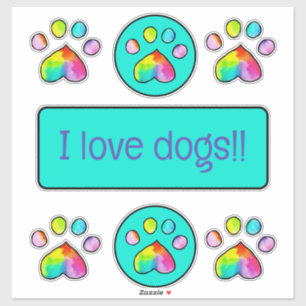 Rainbow Watercolor Paw Prints "I Love Dogs"