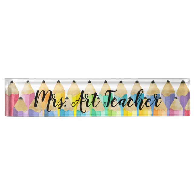 Rainbow Watercolor Pencil Teacher Desk Nameplate (Front)