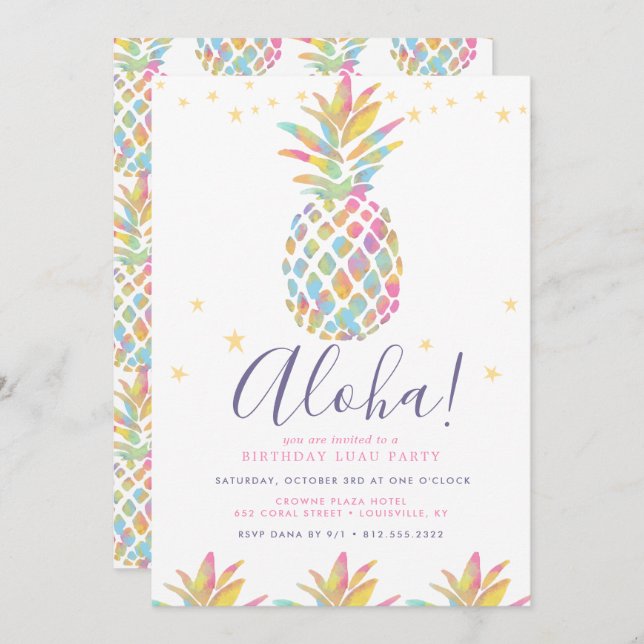 Rainbow Watercolor Pineapple Tropical Birthday Invitation (Front/Back)