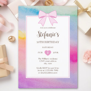 Rainbow Watercolor Pink Bow Girl Birthday Photo Invitation