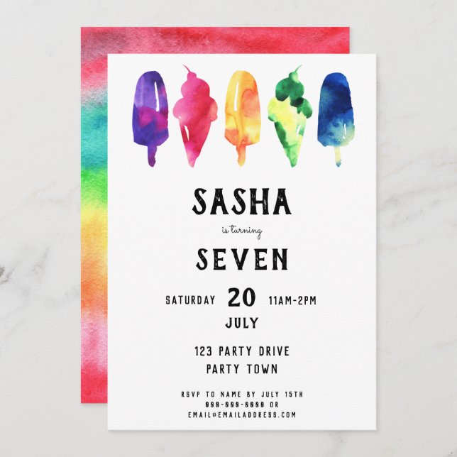 Rainbow Watercolor Popsicles Ice Cream Birthday Invitation (Front/Back)