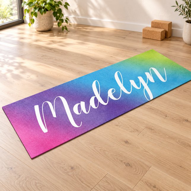 Rainbow Watercolor Script Monogram Name Yoga Mat (Creator Uploaded)