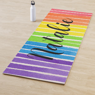 Rainbow Watercolor Script Monogram Name Yoga Mat