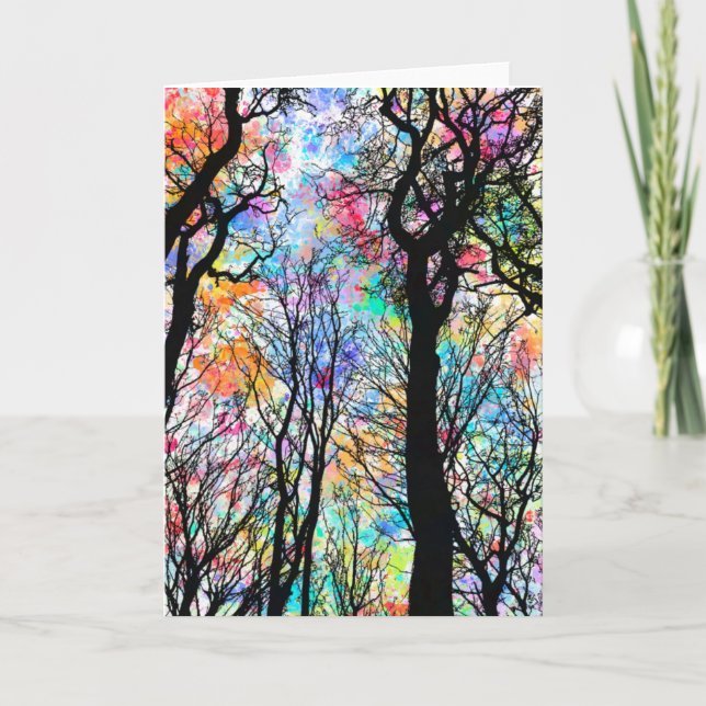 Rainbow watercolor sky, black silhouette trees card (Front)
