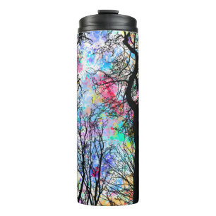 Rainbow watercolor sky, black silhouette trees thermal tumbler