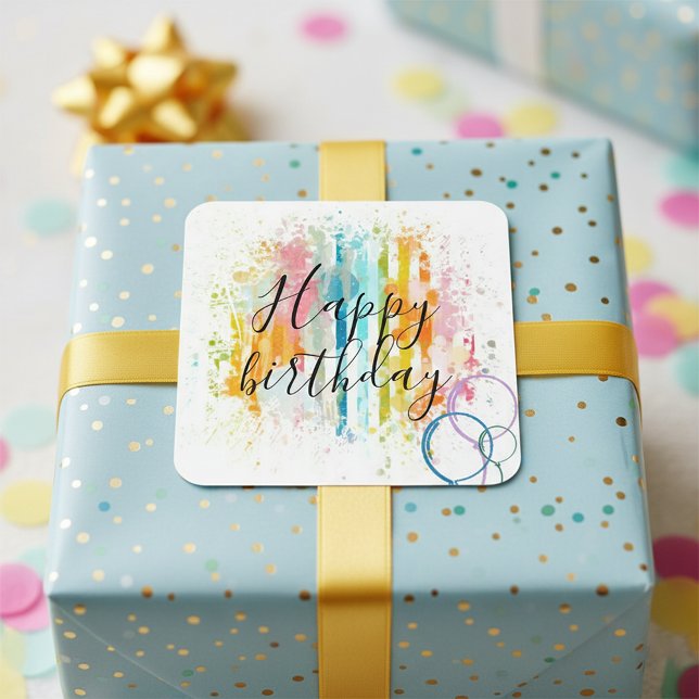 Rainbow Watercolor Stripes and Paint Splatters Square Sticker (Creator Uploaded)