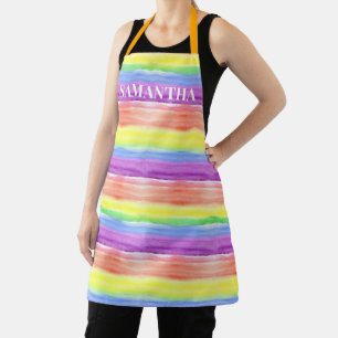 Rainbow Watercolor Stripes Monogram name Apron