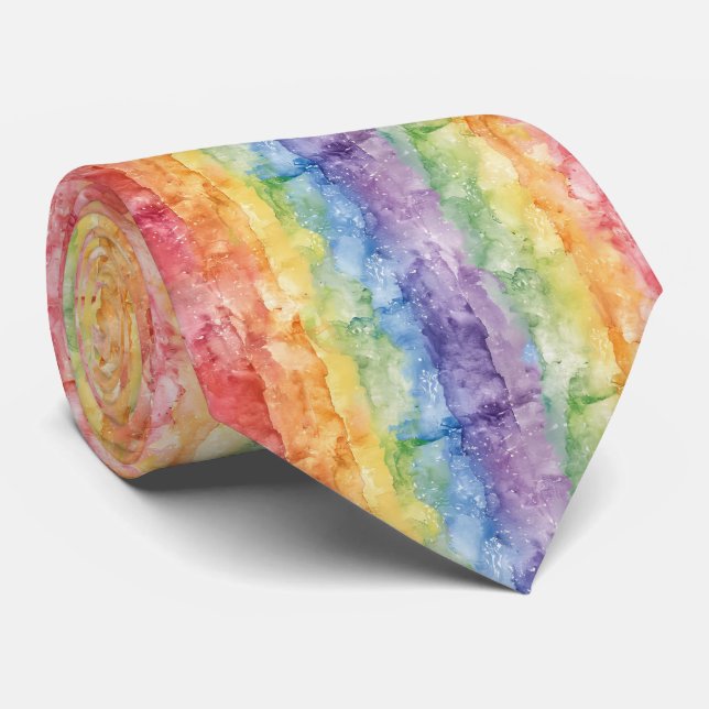 Rainbow Watercolor Stripes Pattern  Tie (Rolled)