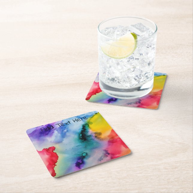 Rainbow Watercolor Textured Square Paper Coaster (Insitu)