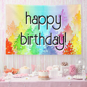 Rainbow Watercolor Trees Happy Birthday Banner