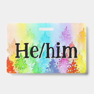 Rainbow Watercolor Trees Pronouns Badge ID Badge
