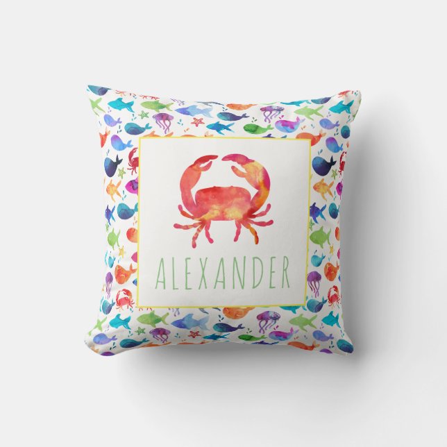 Rainbow Watercolor Under The Sea Crab Personalised Cushion (Front)