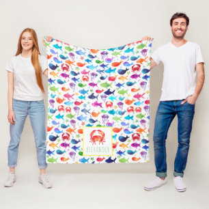 Rainbow Watercolor Under The Sea Crab Personalised Fleece Blanket