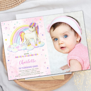 Rainbow Watercolor Unicorn Birthday Invitations ph