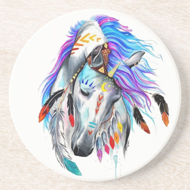 Rainbow watercolor war horse coaster (Front)