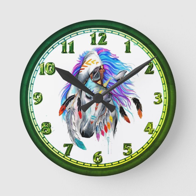 Rainbow watercolor war horse round clock (Front)