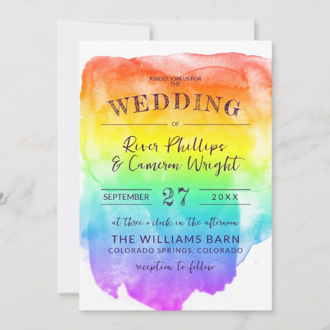 Rainbow Watercolor Wash LGBTQ Wedding Invitation (Front)