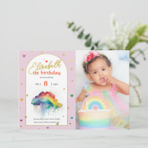 Rainbow Watercolour 1st Photo Birthday Invitation