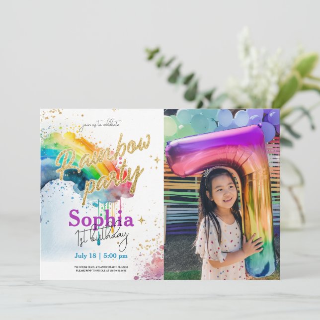 Rainbow Watercolour Gold Photo Birthday Invitation (Standing Front)