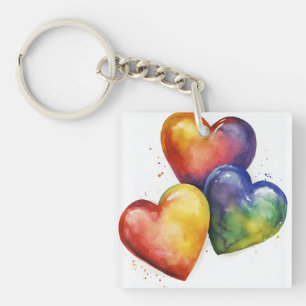 Rainbow Watercolour Hearts Digital Art Key Ring