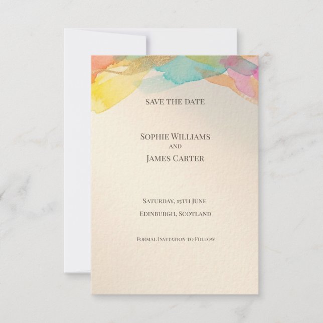 Rainbow Watercolour Save the Date Card (Front)