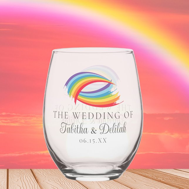 Rainbow Waves Beautiful Custom Wedding Stemless Wine Glass (Creator Uploaded)