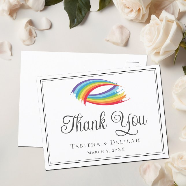 Rainbow Waves Beautiful LGBTQ Wedding Thank You Postcard (Creator Uploaded)