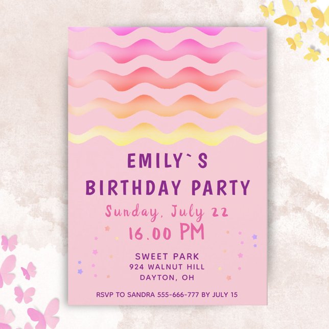 Rainbow Waves Girl Pink Birthday Party Invitation (Creator Uploaded)