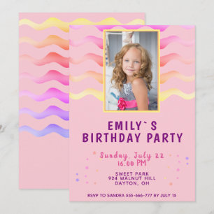 Rainbow Waves Pink Girl Photo Birthday Party Invitation