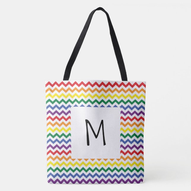 Rainbow Wavy Lines Monogram Tote Bag (Front)