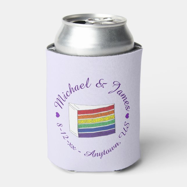Rainbow Wedding Cake Slice Purple Heart LGBT Gay Can Cooler (Can Front)