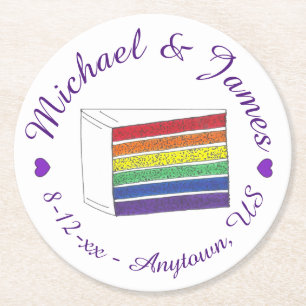 Rainbow Wedding Cake Slice Purple Heart LGBT Gay Round Paper Coaster