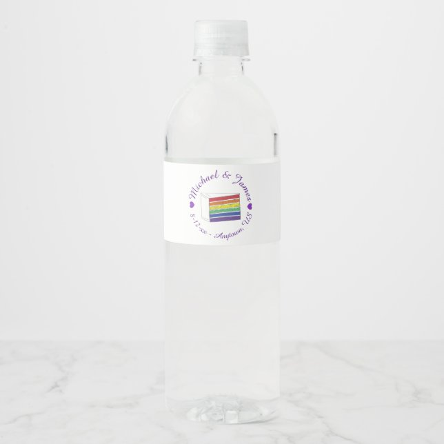 Rainbow Wedding Cake Slice Purple Heart LGBT Gay Water Bottle Label (Front)