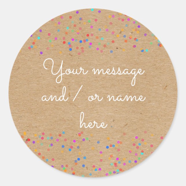 Rainbow Wedding Confetti Rustic Kraft Message Name Classic Round Sticker (Front)