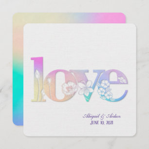 rainbow wedding floral love text on white invitation