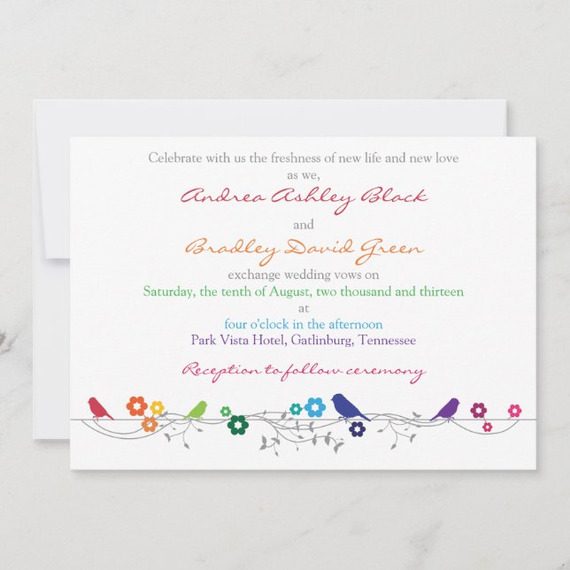 Rainbow Wedding Invitation Birds Flowers (Front)