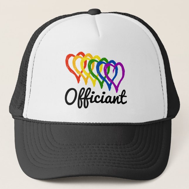 Rainbow Wedding Layered Hearts Officiant Trucker Hat (Front)